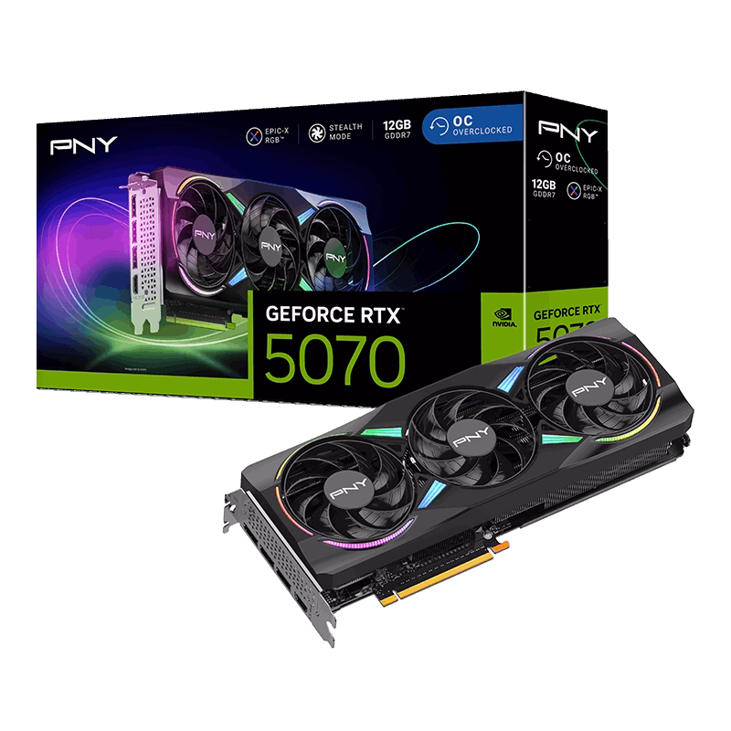 PNY GeForce RTX 5070 OC 12GB GDDR7 ARGB EPIC-X RGB Overclocked GPU With Triple Fan Cooling & Stealth Mode | VCG507012TFXXPB1