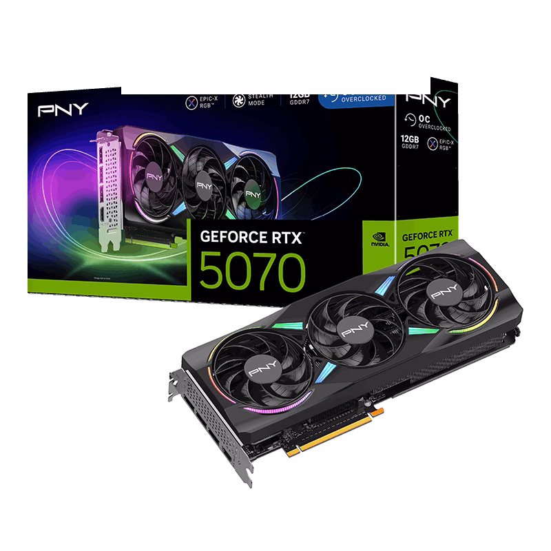PNY GeForce RTX 5070 OC 12GB GDDR7 ARGB EPIC-X RGB Overclocked GPU With Triple Fan Cooling & Stealth Mode | VCG507012TFXXPB1