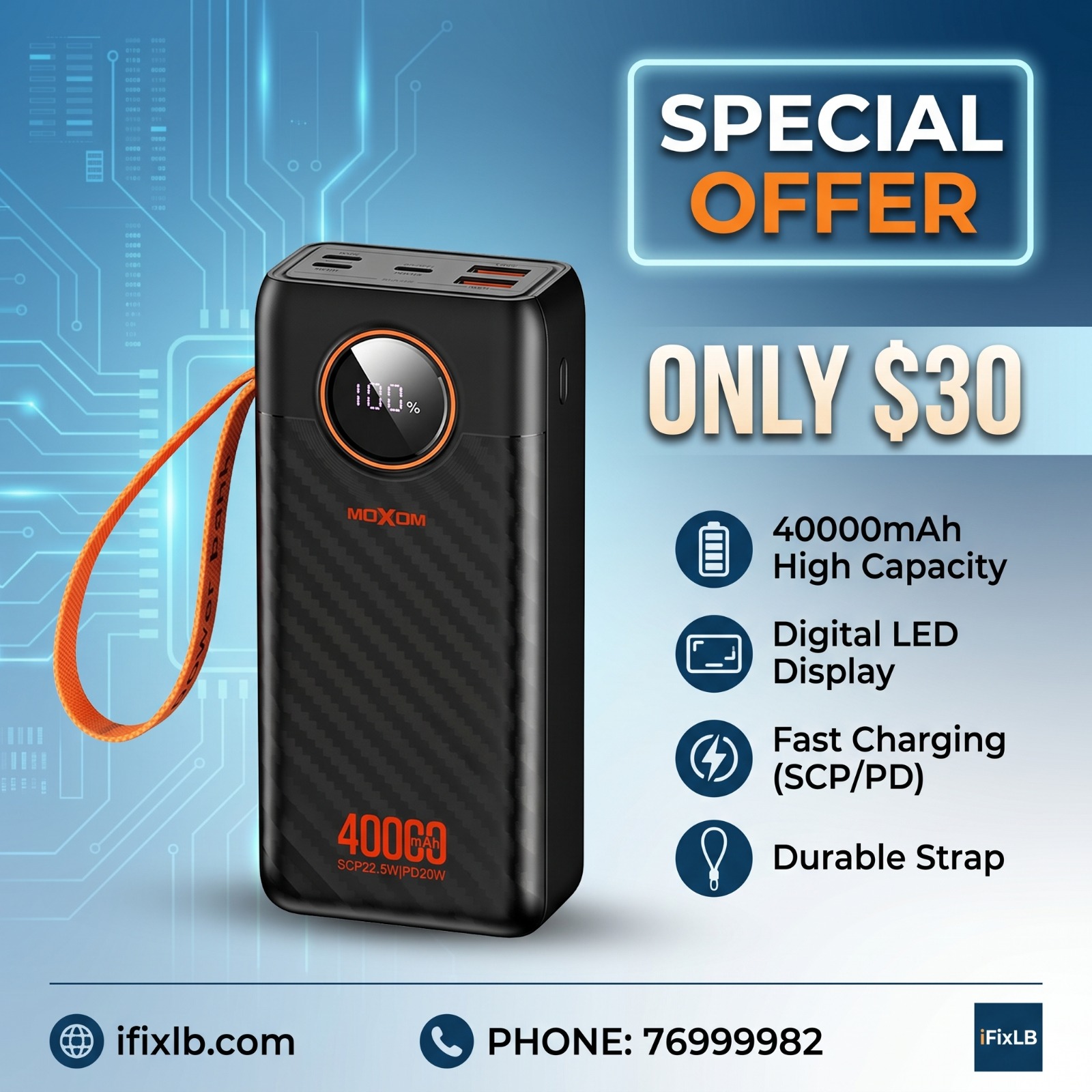 MOXOM MX-PB168 40000mAh Large Capacity Portable Power Bank – Black