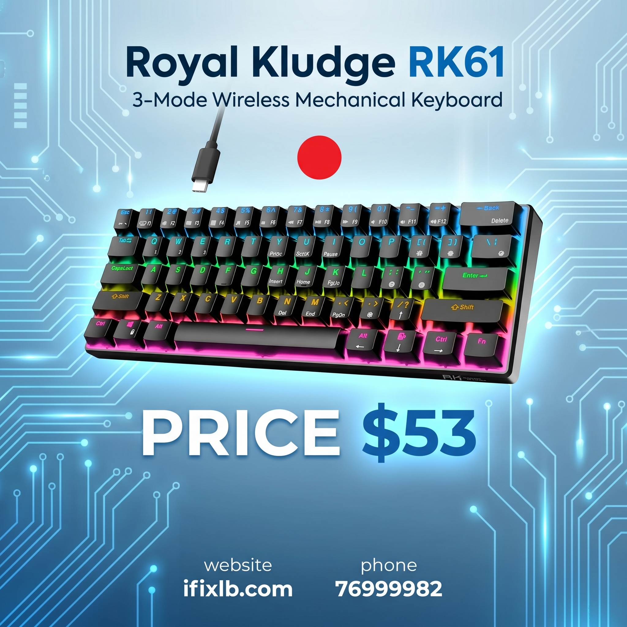 Royal Kludge RK61 3-Mode Wireless Mechanical Keyboard (Red Switch / Black RGB)