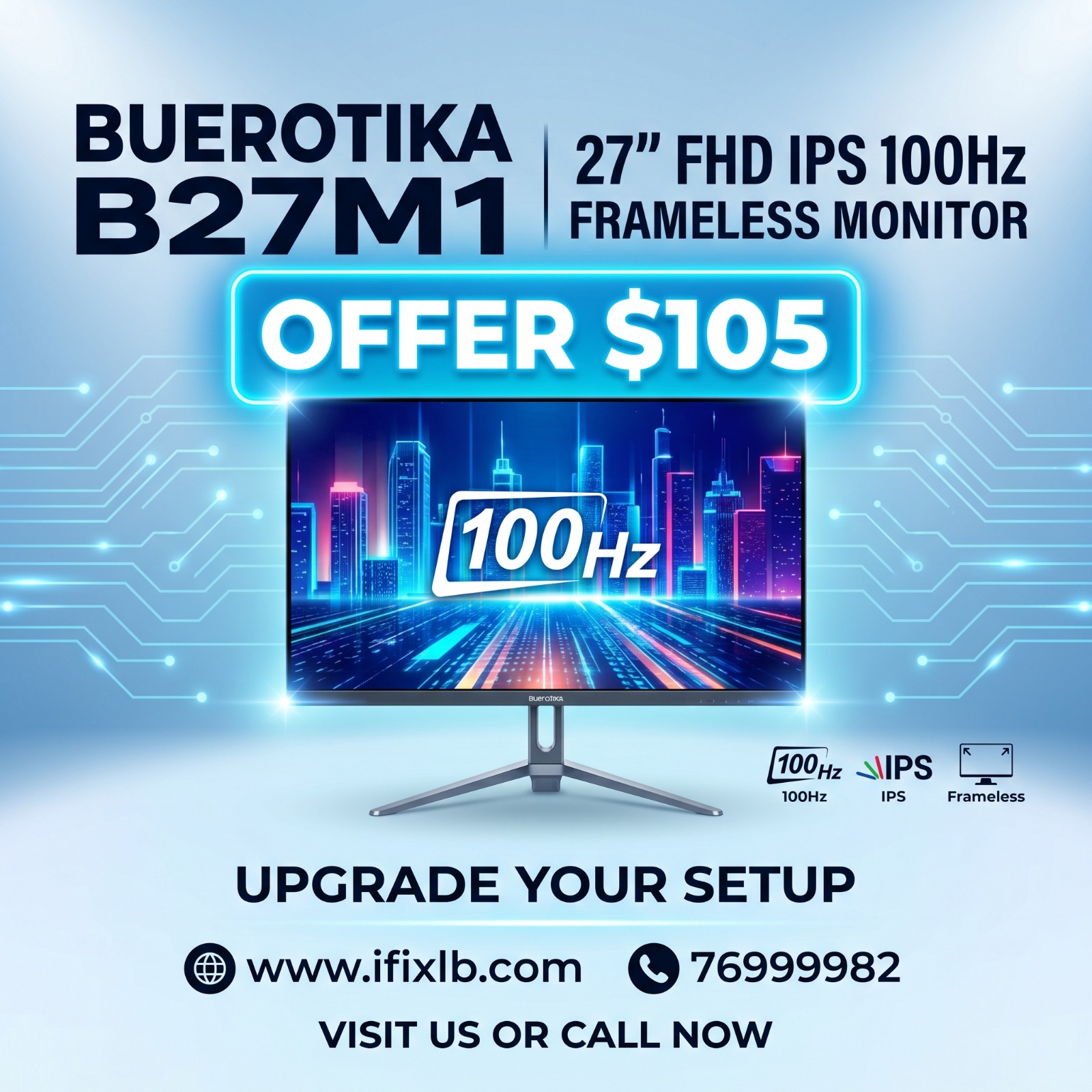 Buerotika B27M1 27” FHD IPS 100Hz Frameless Monitor