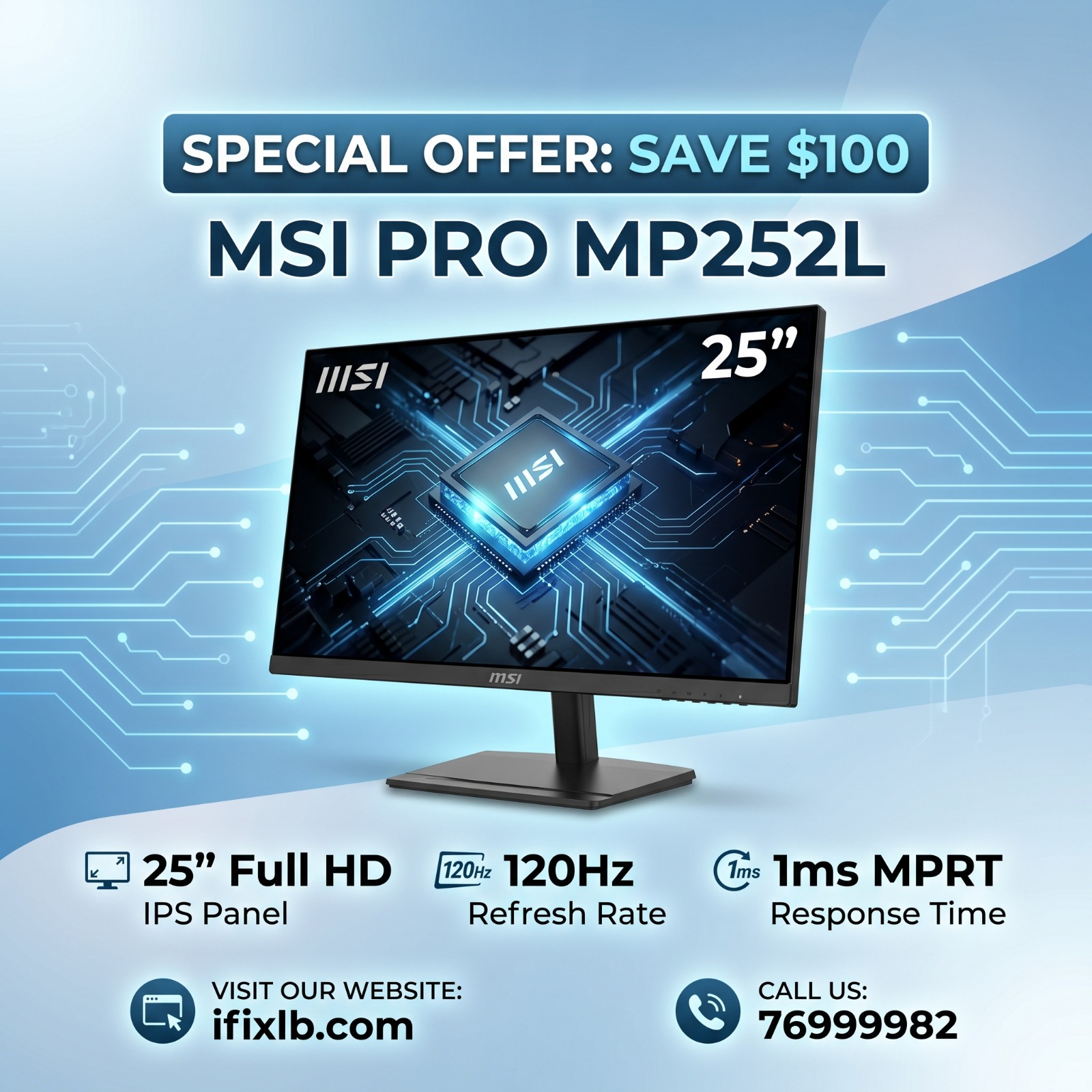 MSI PRO MP252L – 25” Full HD IPS Monitor | 120Hz | 1ms MPRT