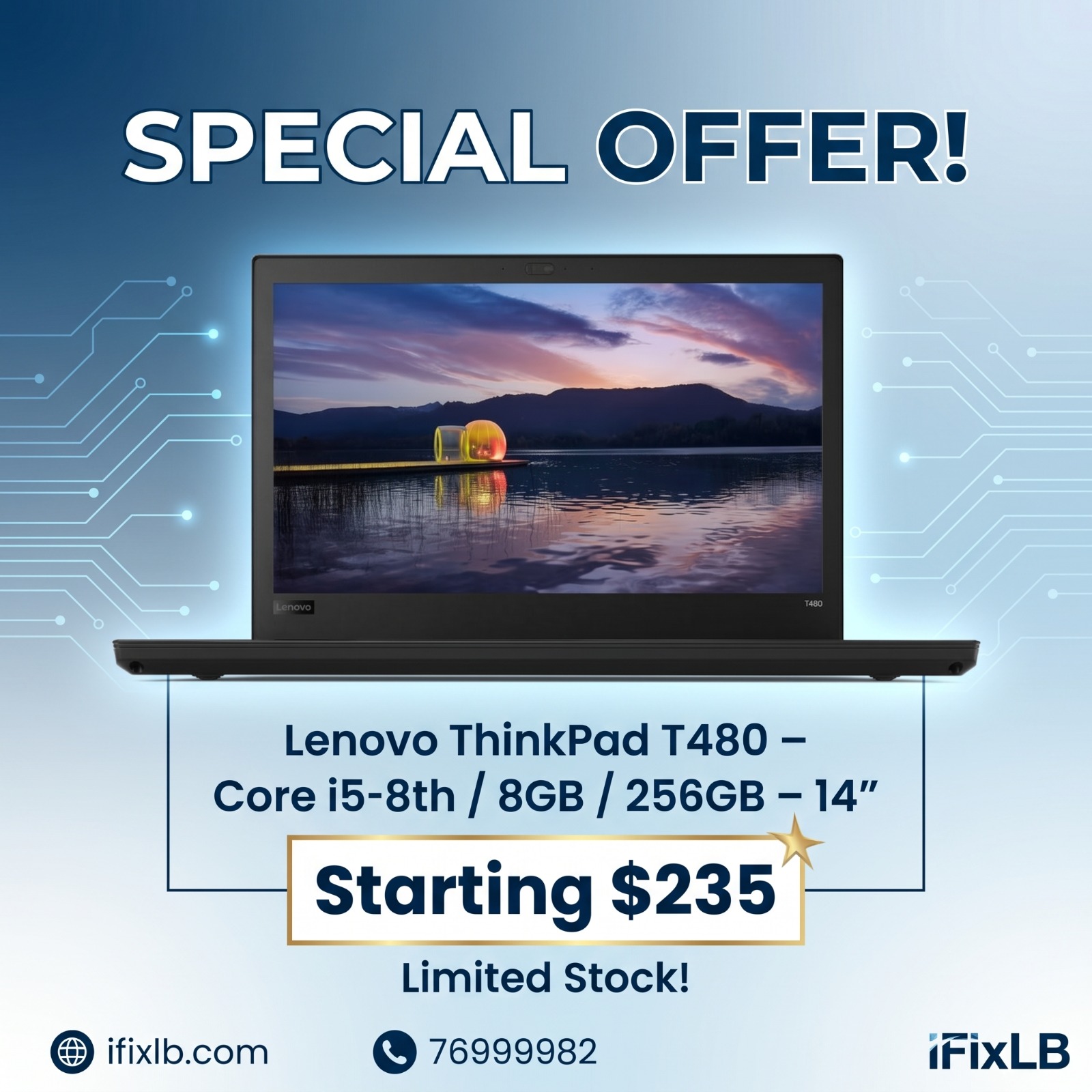 Lenovo ThinkPad T480 – Core i5-8th / 8GB / 256GB – 14" – Pre-Owned