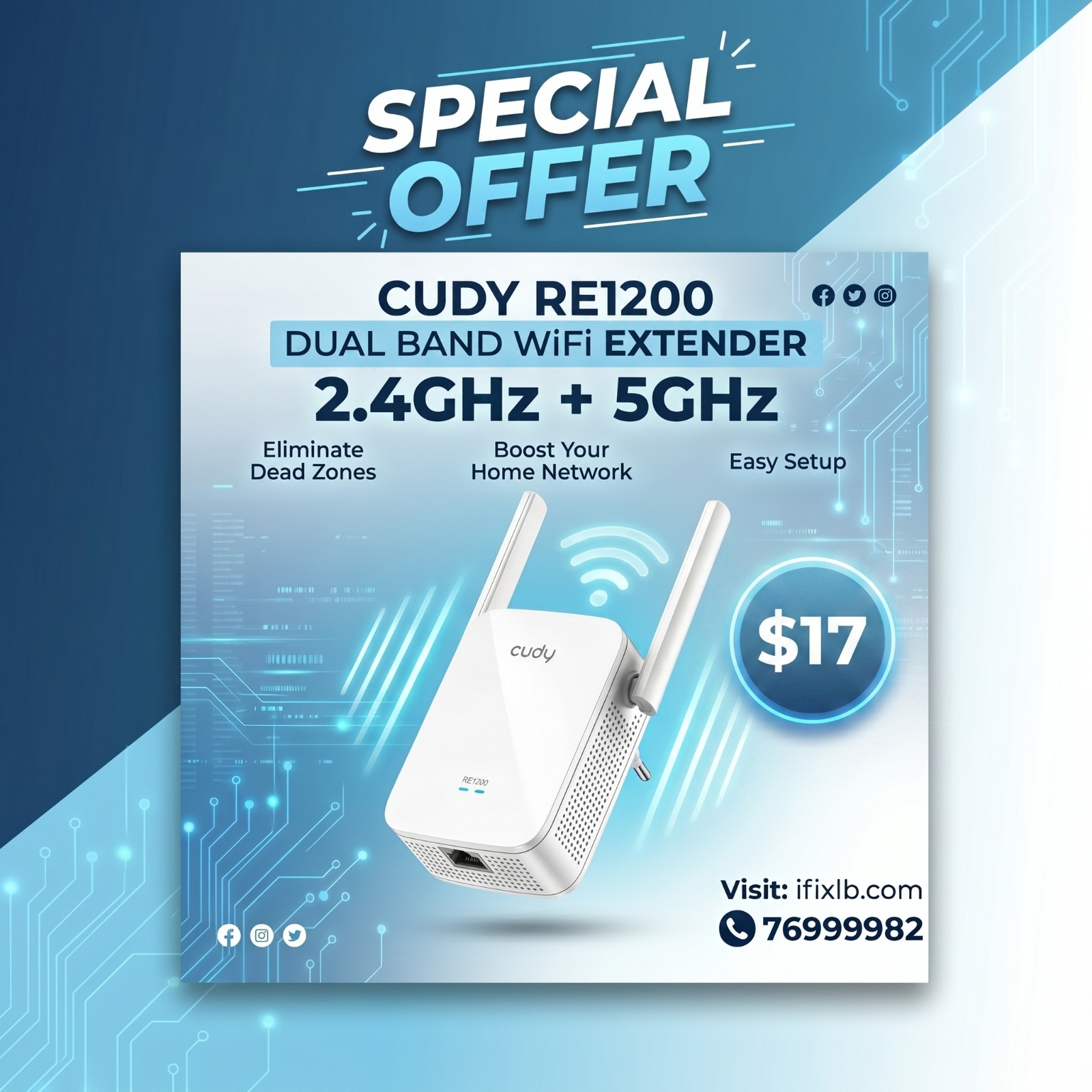 Cudy AC1200 Dual Band WiFi Extender – 2.4GHz + 5GHz