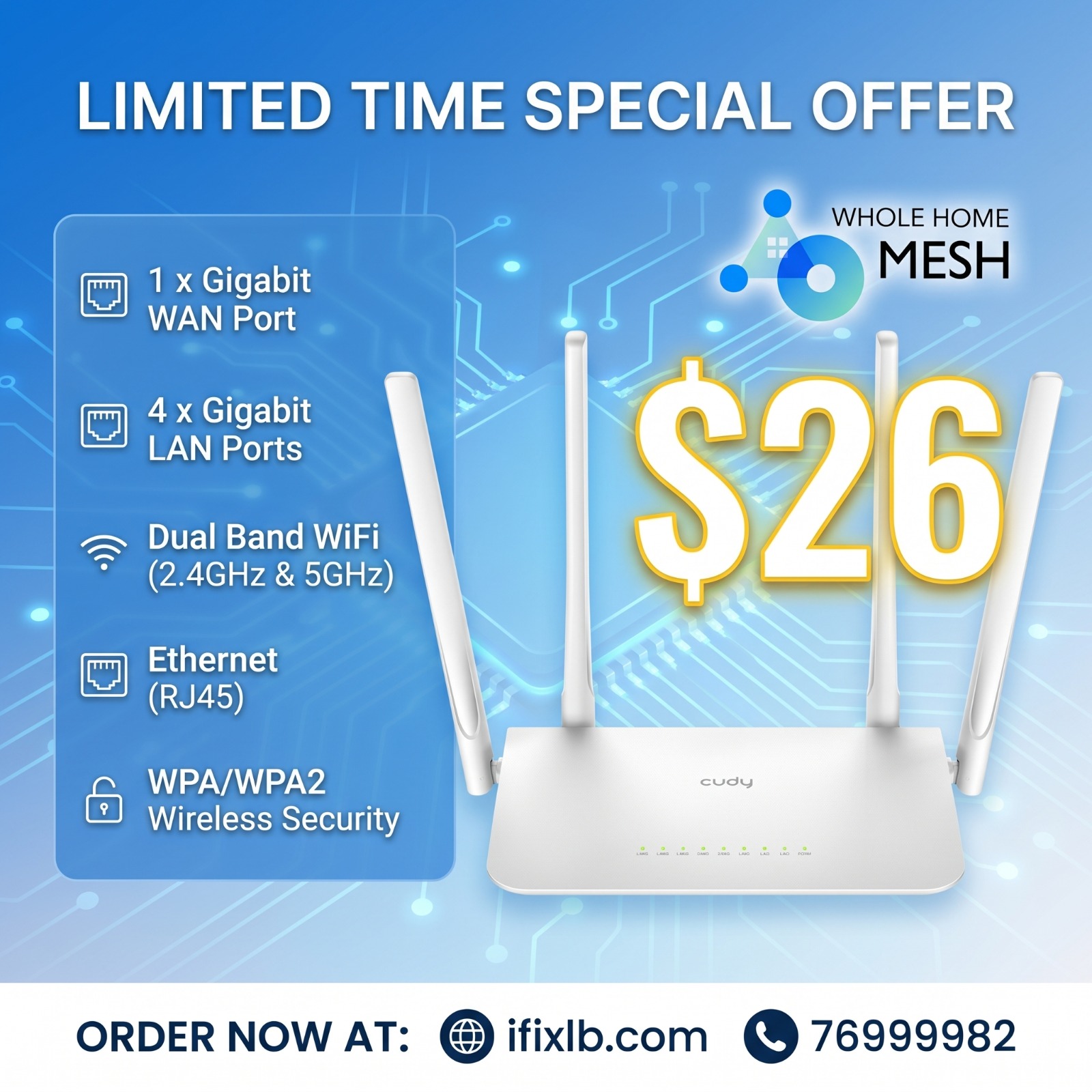 Cudy WR1300 AC1200 Gigabit Dual Band WiFi Router